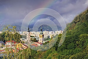 Scenic rainbow over Banska Bystrica, Slovakia.