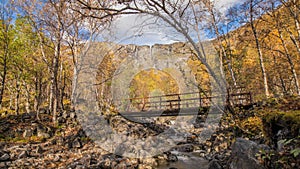 Scenic river, bridge and waterfall