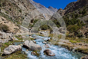Scenic river landscape in Fan mountains in Pamir, Tajikistan