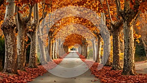 A scenic road bordered by numerous trees covered in vibrant fall leaves, creating a colorful and picturesque autumn landscape, A