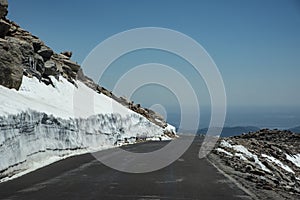 Scenic road crosses Mt. Evans in the snow.