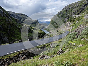 scenic road forms a diversion of route 13 through beautiful mountain landscape in Norway