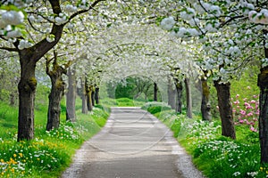 A scenic road lined with lush trees adorned with numerous white flowers creating a captivating sight, Tranquil park pathway lined