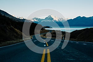 Scenic road to Mount Cook National park near Lake Pukaki, South Island, New Zealand