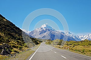 Scenic road to Mount Cook in New Zealand. Exploring New Zealand. Traveling concept.