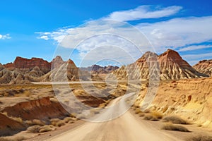 scenic road trip through the desert, with endless views of red rocks and sand