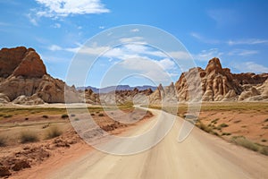 scenic road trip through the desert, with endless views of red rocks and sand