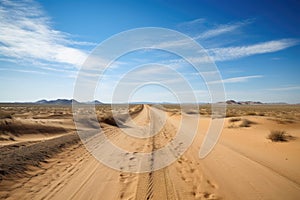 scenic road trip through the desert, with endless views of sand dunes and open skies