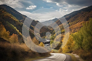 scenic road trip through the mountains, with views of the changing seasons