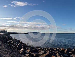 Scenic rocky shore of the St Lawrence river at Sept Iles, Quebec, Canada