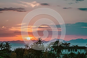 Scenic rose golden glowing Sunset. The whole Sun just above mountains. Close up view on palms, sea and mountains at horizon line.