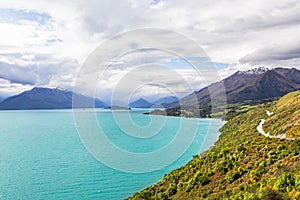 Scenic route over the turquoise lake. Lake Wakatipu. New Zealand