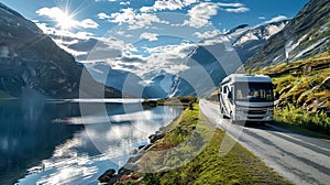 On a scenic route, a sleek motorhome passes between a glistening lake and majestic mountains