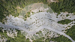 Scenic route to Mandrioli mountain pass. Vertical view of bends