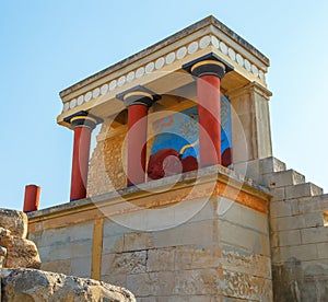 Scenic ruins of Minoan Palace of Knossos.North entrance with bull fresco. Heraklion.Crete island. Greece.Europe