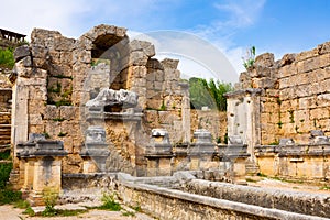 Scenic ruins of nymphaeum (nymphaion) in Perge (Perga) at Antalya Province, Turkey. photo