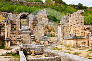 Scenic ruins of nymphaeum (nymphaion) in Perge (Perga) at Antalya Province, Turkey. photo