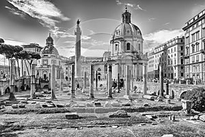 Scenic ruins of the Trajan`s Forum and Column, Rome, Italy