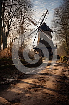 A scenic rural landscape featuring a traditional Dutch windmill perched atop a winding country road