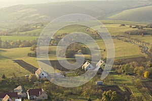 Scenic rural summer hilly countryside from aerial view