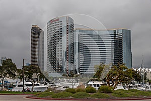 Scenic San Diego marina and downtown vista on a heavily overcast day, California