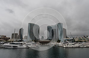 Scenic San Diego marina and downtown vista on a heavily overcast day, California