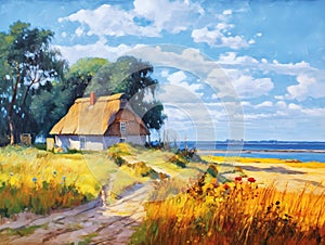Scenic Sand Trail Leading to a Reed-Thatched Cottage by the Baltic Bodden photo