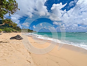 Scenic sandy beach of Oahu island, Hawaii under the blue sky with white fluffy clouds