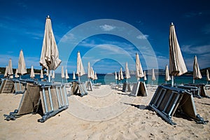 Scenic Sardinia island landscape. Italy sea â€‹â€‹coast with azure clear water. Beach with umbrellas and loungers ready for the