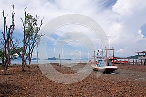 Scenic sea view with fishingboats, wooden house, and trees during low tide on Lanta island, Thailand.