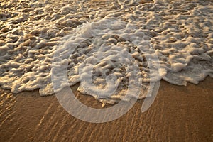 Scenic seascape. Milky foam waves at the beach. Sunset time. Waterscape for background. Selected soft art focus. Sunlight