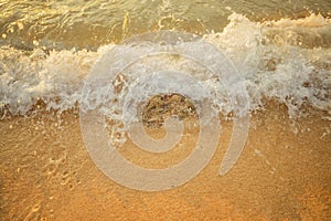 Scenic seascape. Splashing waves at the beach. Sunset time. Waterscape for background. Selected soft art focus. Sunlight