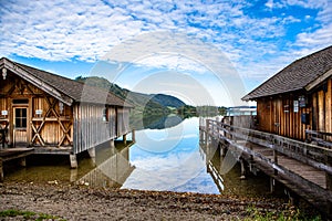 Scenic seaside of lake Schliersee on a sunny day with blue sky in Bavaria, Germany