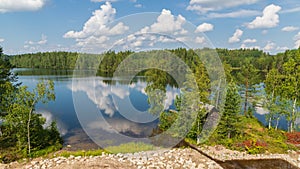 A scenic secluded place by a small lake on a sunny summer day