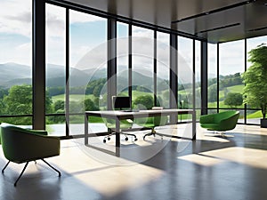Scenic Serenity: Modern Office with Panoramic Green Hills View photo