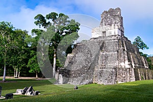 Scenic shot of the archaeological site Tikal Temple II in Peten Department, Guatemala