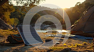 A scenic shot of a campsite with a portable solar panel p near a tent. The panel is connected to a battery pack which is