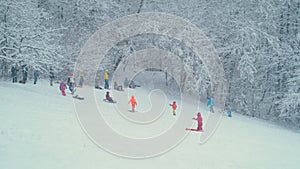 Scenic shot of carefree kids and adults sleighing during a heavy snowstorm.