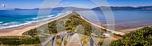 Scenic shot from the Neck lookout on Bruny Island with drone