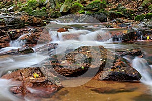 Scenic shot of a rocky river with a silky water effect in a forest