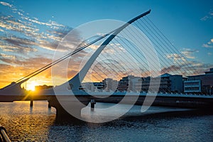 Scenic shot of the Samuel Beckett Bridge in Dublin Ireland during sunset