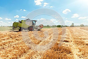 Scenic side view Big powerful industrial combine harvester machine reaping golden ripe wheat cereal field on bright