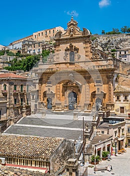 Scenic sight in Modica with the Cathedral of San Pietro. Sicily, southern Italy.