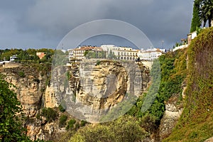 Scenic sight of Ronda with white houses built on high cliffs, Andalusia, Spain