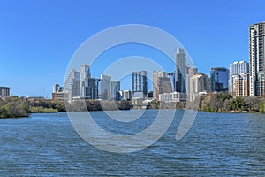 Scenic skyline of Austin Texas with modern luxury apartments and Colorado River