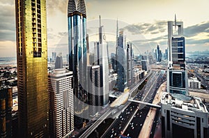 Scenic skyline of a big futuristic city with world tallest skyscrapers photo