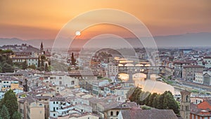 Scenic Skyline View of Arno River timelapse, Ponte Vecchio from Piazzale Michelangelo at Sunset, Florence, Italy.