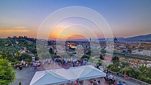 Scenic Skyline View of Arno River timelapse, Ponte Vecchio from Piazzale Michelangelo at Sunset, Florence, Italy.