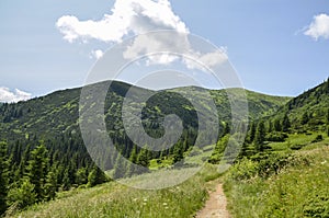 Scenic skyscape with blue sky full of windy clouds, and beautiful green mountains. Carpathians, Ukraine