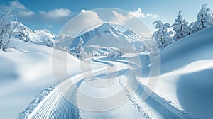 A peaceful snowy trail with ski tracks weaving through the winter landscape under a clear blue sky photo